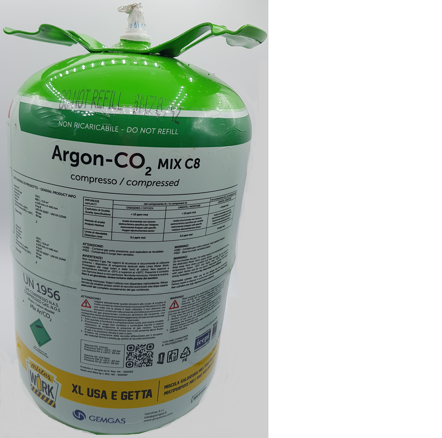 Bombola Miscela per saldatura Argon - CO2 8% 13,6 lt usa e getta – 2B GAS  STORE